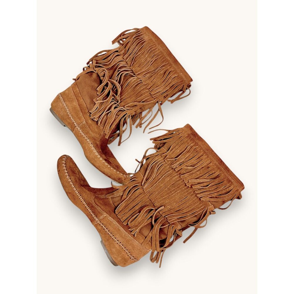 Boho Fringe Suede Moccasin Slip-On Boots Western Festival Style Est. Women's 8.5